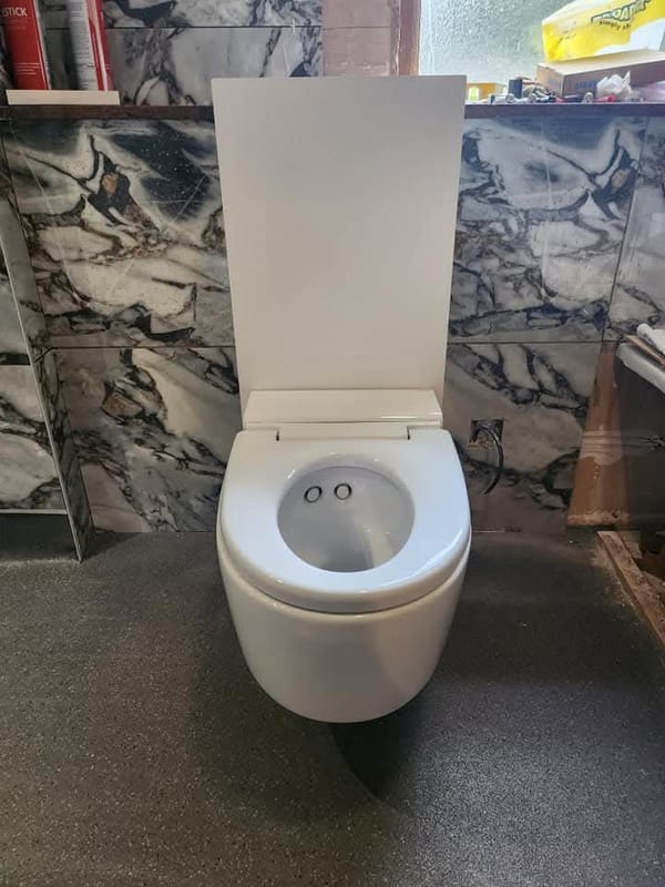 The bowl of the same shower toilet with the lid raised, showing the openings at the back of the rimless pan.