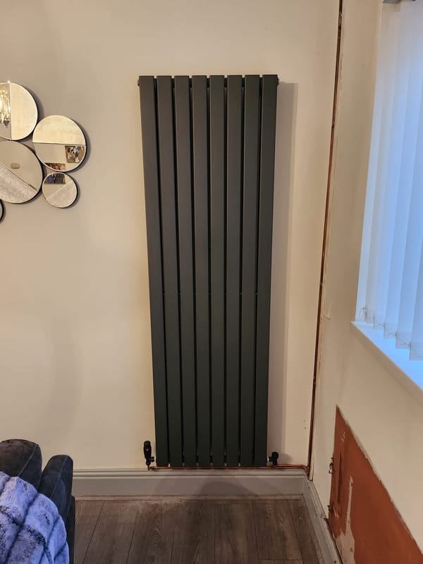 A tall anthracite flat-panel radiator fitted vertically to a cream wall beside a window, with copper tails and valves at the bottom.