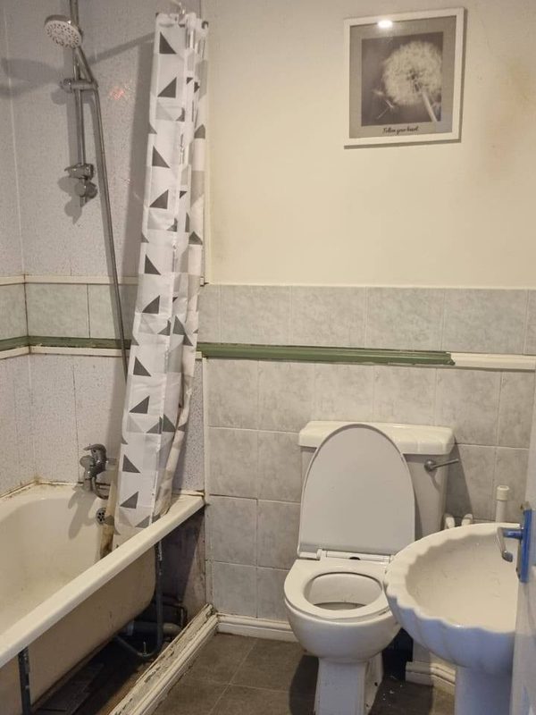 The old bathroom from the doorway: a bath with a shower on a rail and a curtain, grey tiles with a green border, a close-coupled toilet and a pedestal basin.
